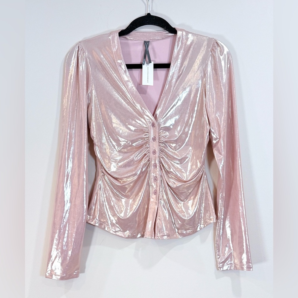 🔥NWT Anthropologie Metallic Pink Ruched V-Neck Long Sleeve Top Size S🔥